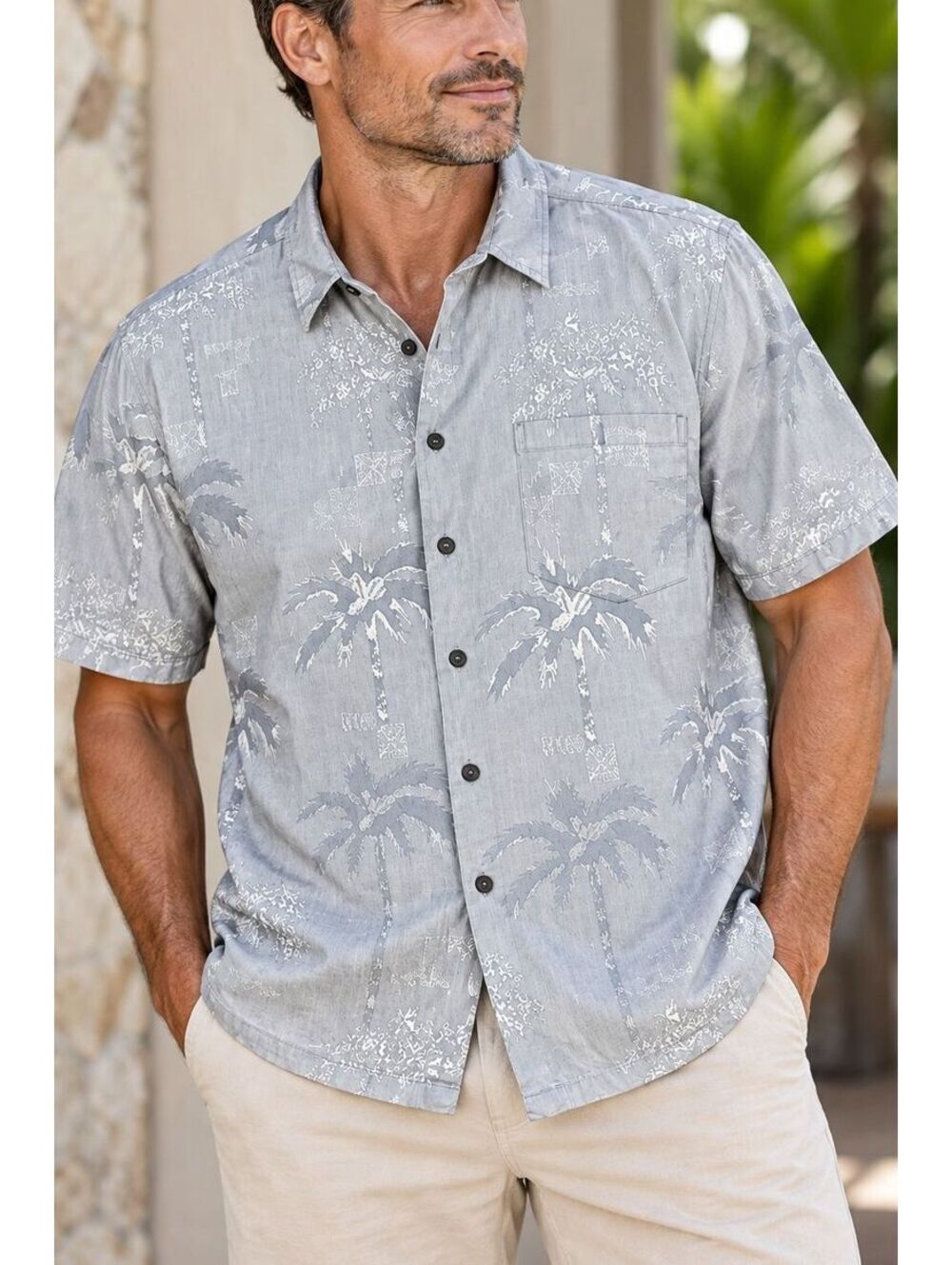 Kona Kai Men's Trading Co Silk Cotton Palm Tree Hawaiian Shirt Gray Short Sleeve